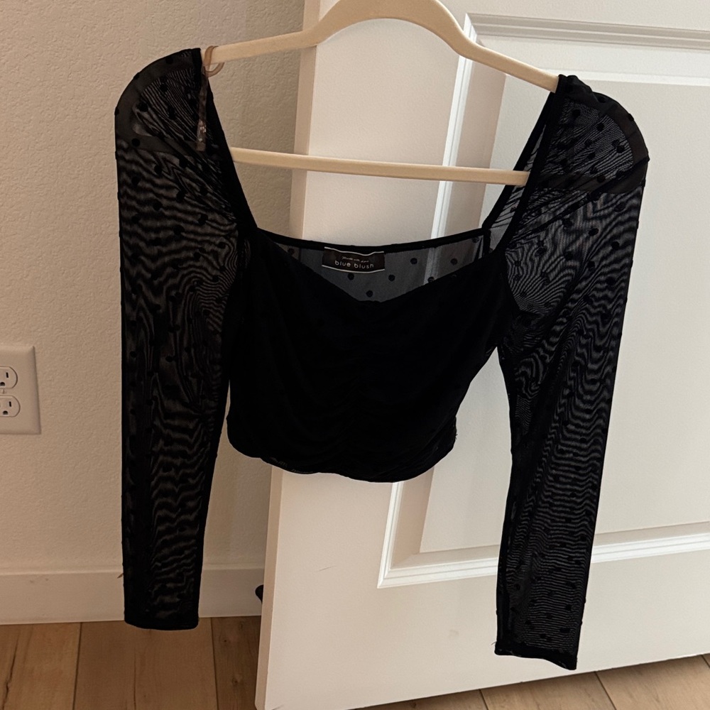 Blue Blush Black Sheer Polka Dot Blouse
